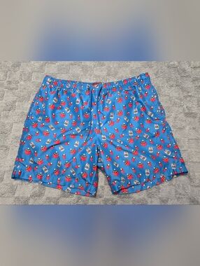Party Sharks Swim Trunks Men's Blue Printed Swim Trunks with Fun Red Cup Pattern